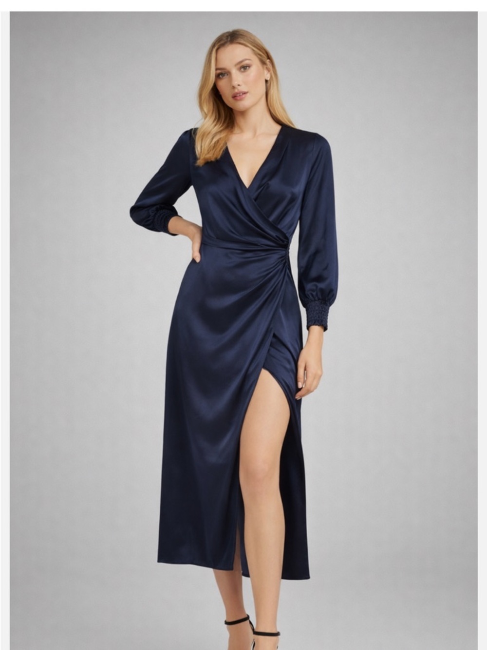 Reformation 100% Silk Navy Ruched Midi Dress Sz 2 | Wrap Slit